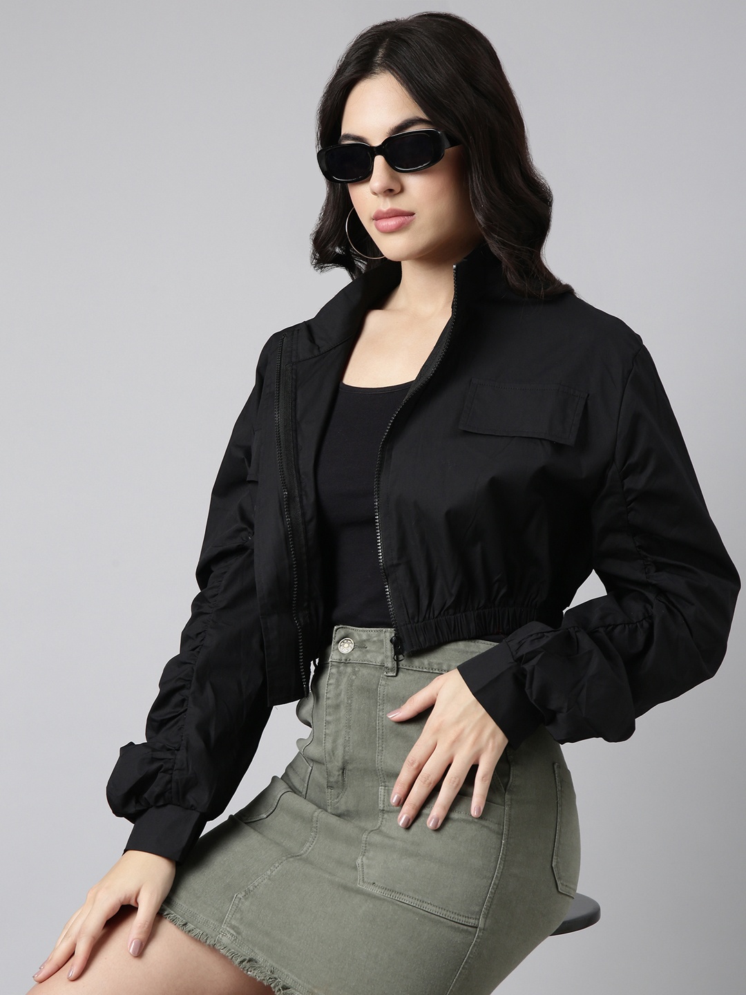 

SHOWOFF Mock Collar Windcheater Cotton Crop Oversized Bomber Jacket, Black