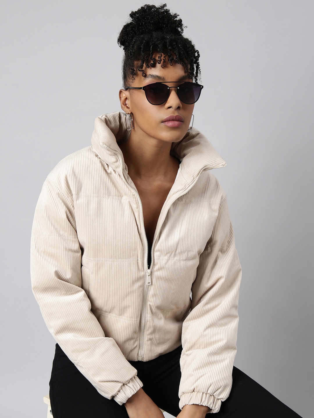 

SHOWOFF Mock Collar Fleece Windcheater Puffer Jacket, Cream
