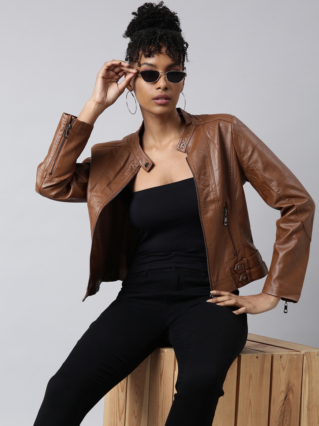 

SHOWOFF Windcheater Crop Biker Jacket, Brown