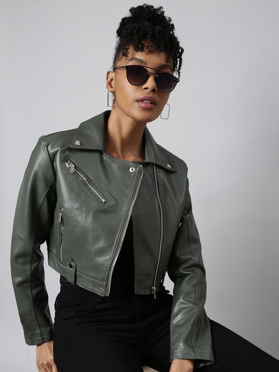 

SHOWOFF Spread Collar Windcheater Crop Biker Jacket, Olive