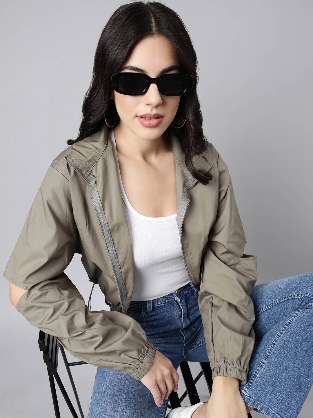 SHOWOFF Mock Collar Windcheater Cotton Crop Oversized Bomber Jacket, Olive