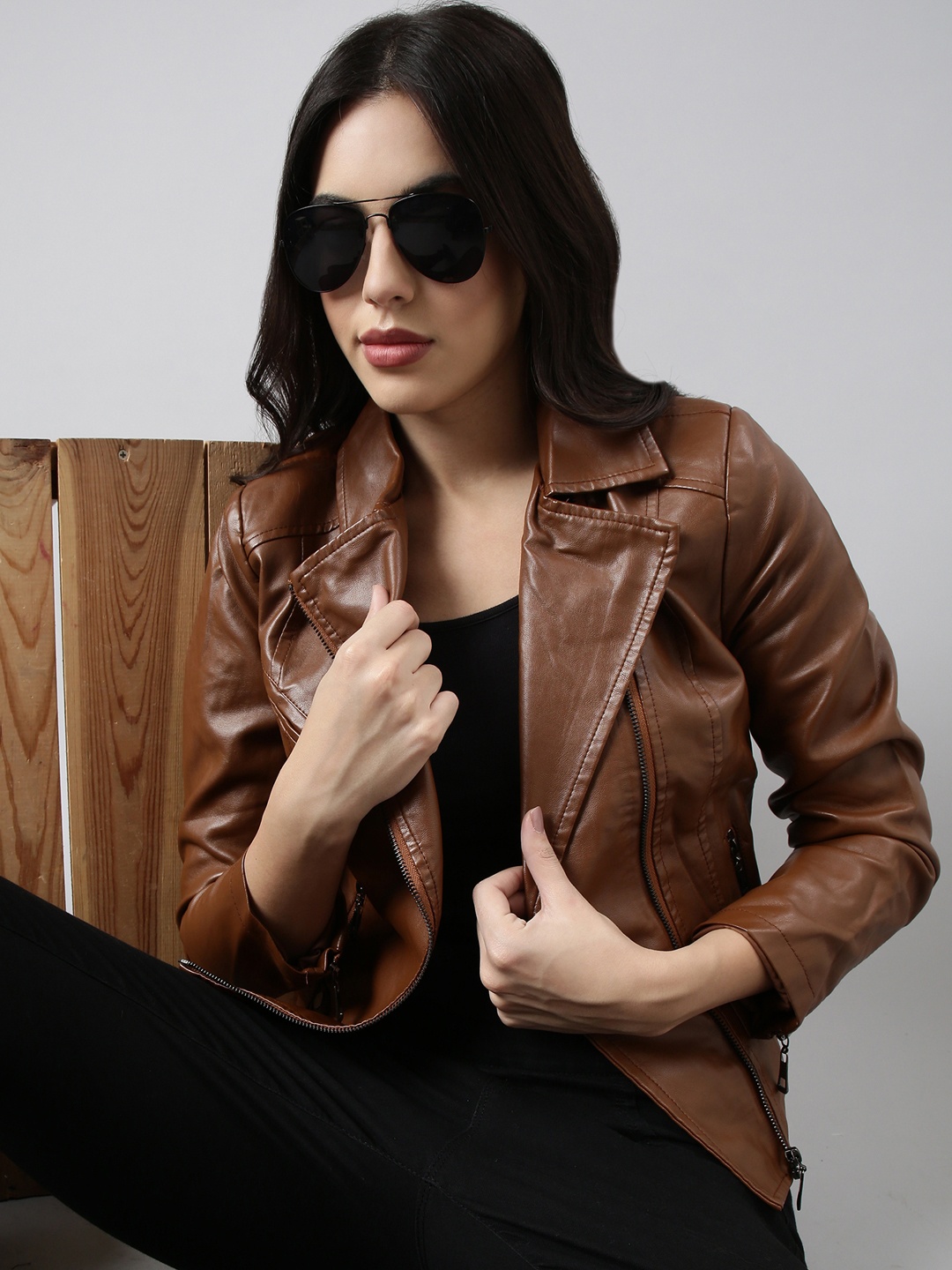 

SHOWOFF Lapel Collar Windcheater Crop Biker Jacket, Brown
