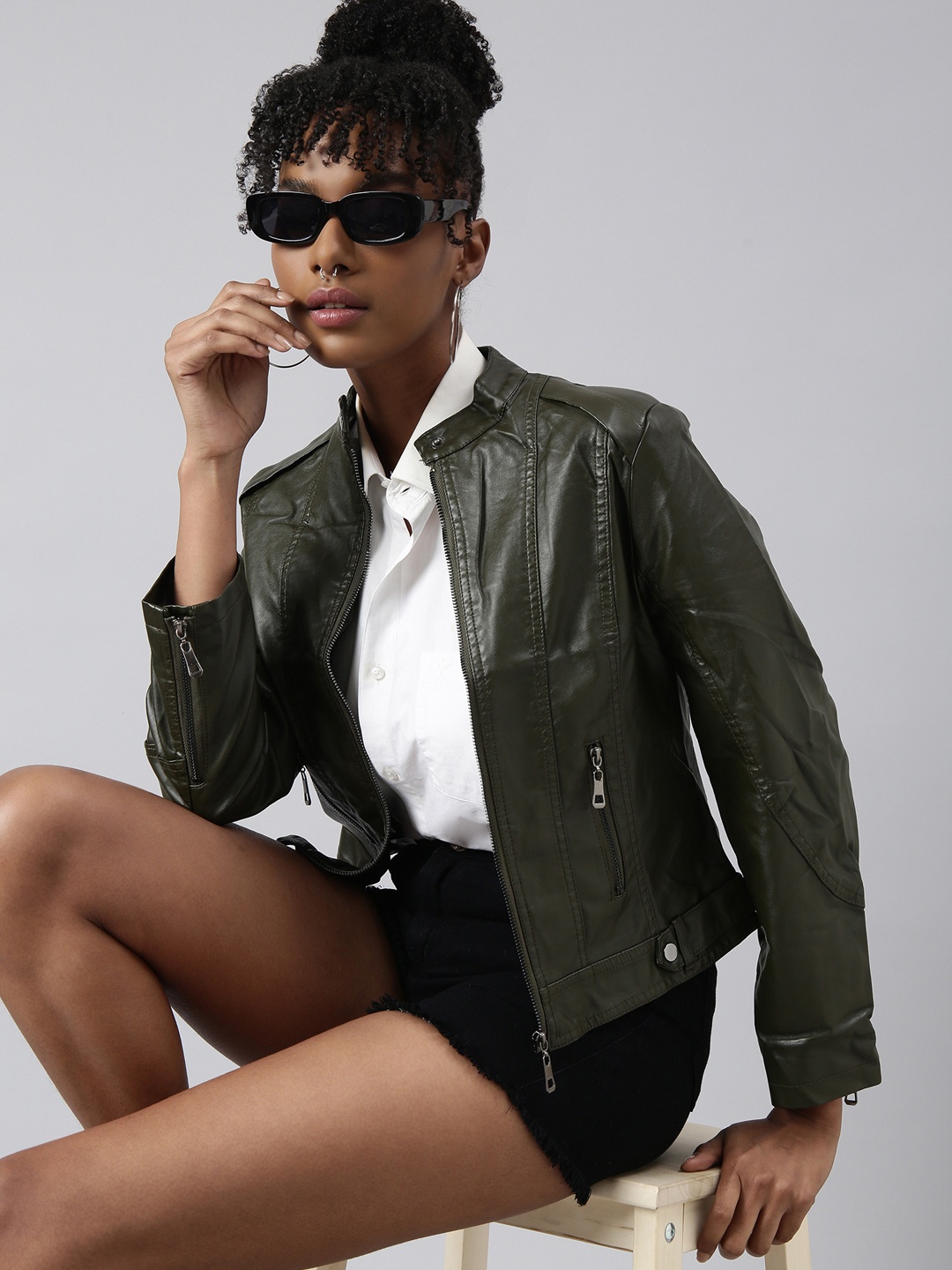 

SHOWOFF Stand Collar Windcheater Biker Jacket, Olive