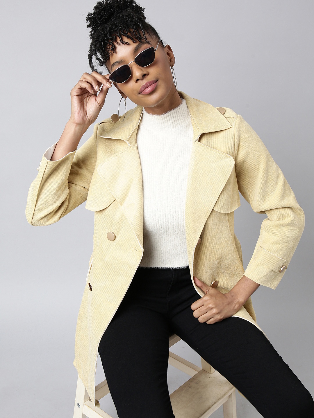 

SHOWOFF Notched Lapel Collar Suede Longline Overcoat, Yellow