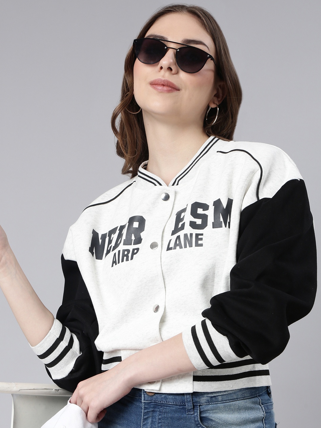 

SHOWOFF Colourblocked Windcheater Crop Varsity Jacket, Off white