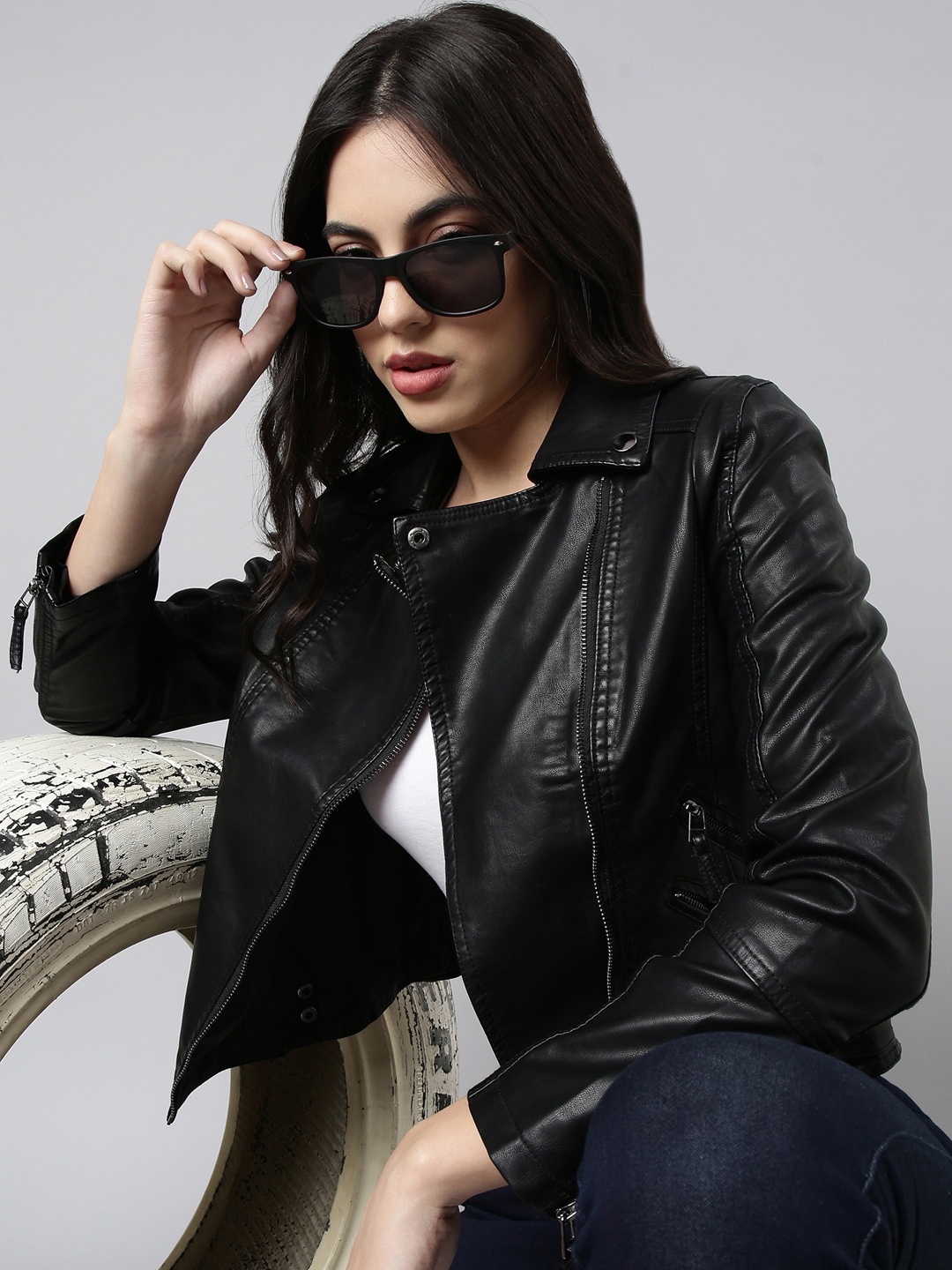 

SHOWOFF Spread Collar Windcheater Crop Biker Jacket, Black