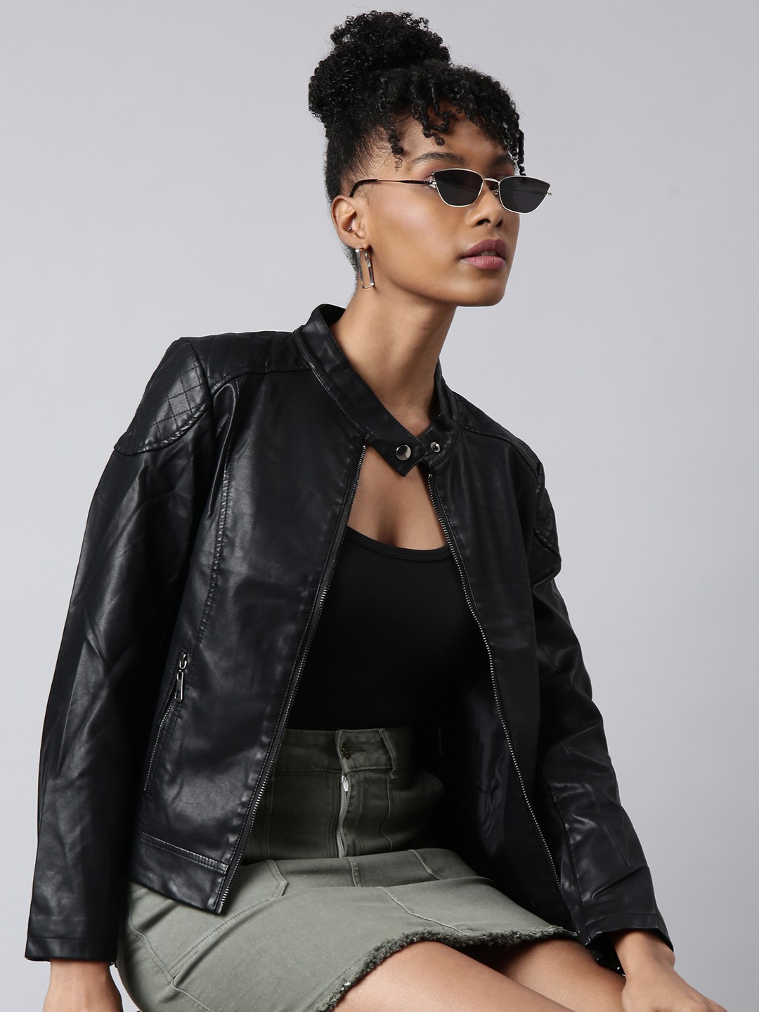 

SHOWOFF Mock Collar Long Sleeves Zip Detail Windcheater Biker Jacket, Black