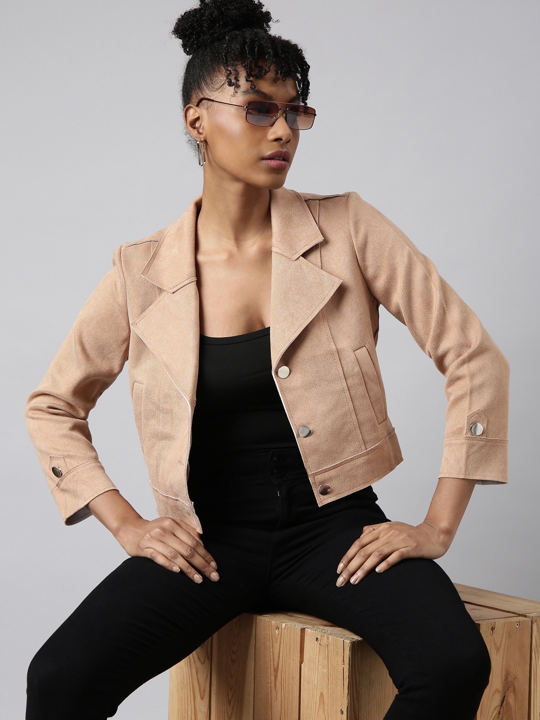 

SHOWOFF Lapel Collar Suede Windcheater Crop Tailored Jacket, Beige