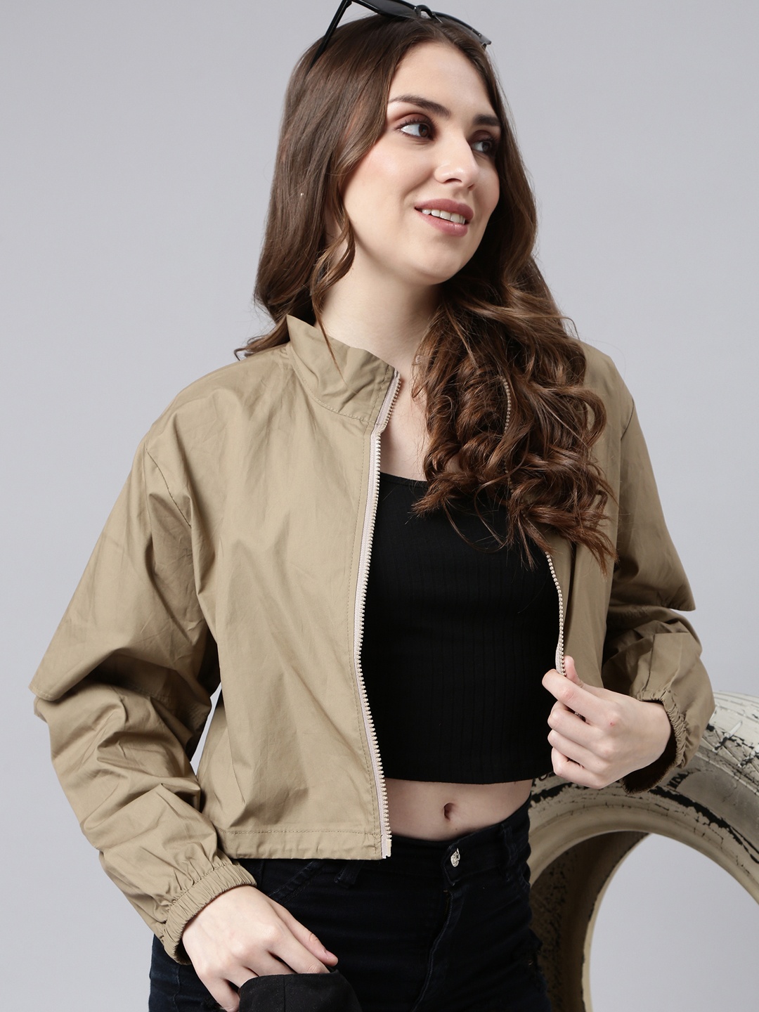 SHOWOFF Solid Windcheater Oversized Crop Bomber Jacket, Beige