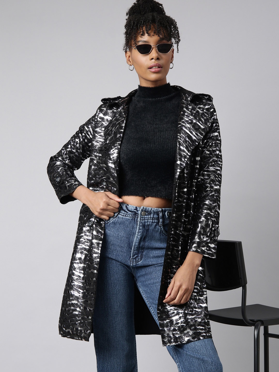

SHOWOFF Abstract Printed Longline Overcoat, Black
