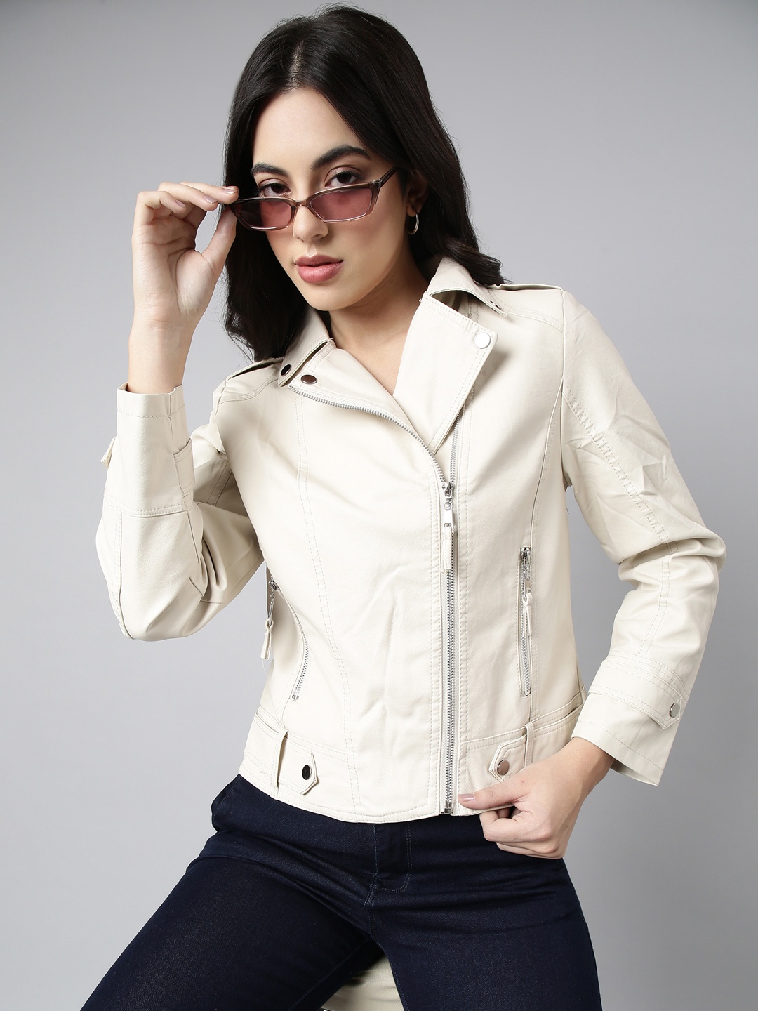

SHOWOFF Windcheater Crop Biker Jacket, Cream