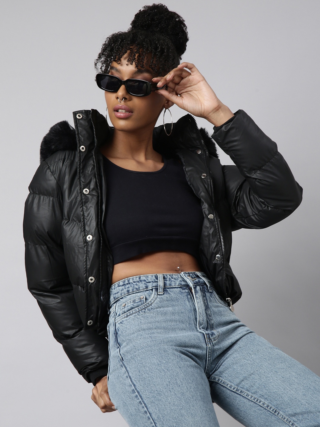 

SHOWOFF Windcheater Crop Puffer Jacket With Detachable Hood, Black