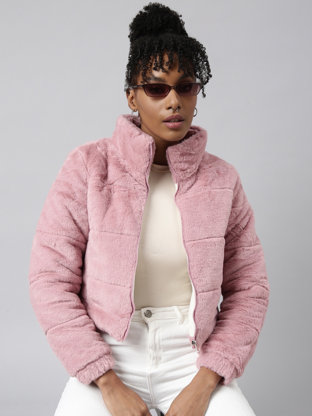 

SHOWOFF Self Design Windcheater Faux Fur Padded Jacket, Peach