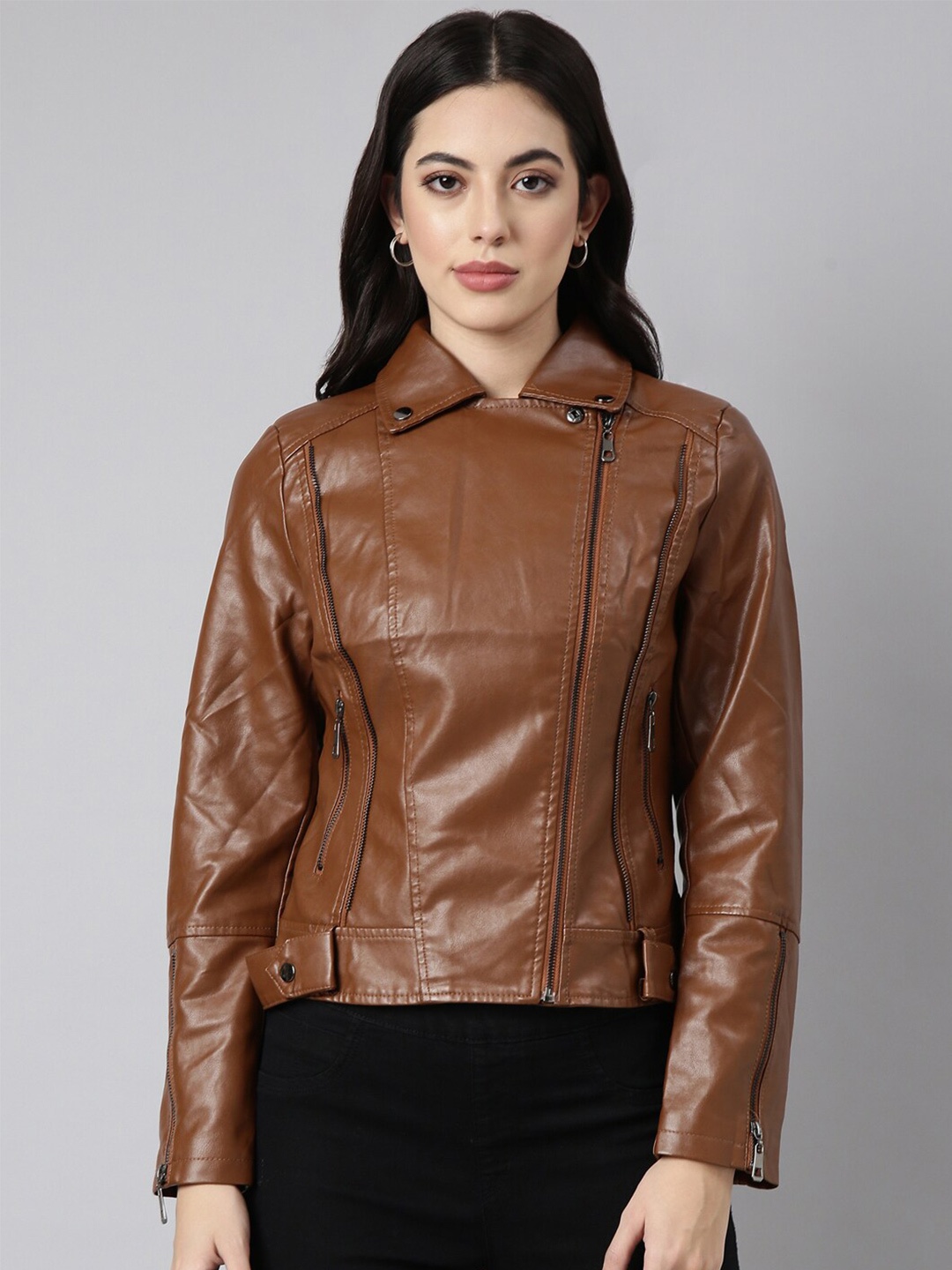 

SHOWOFF Windcheater Spread Collar Crop Biker Jacket, Brown