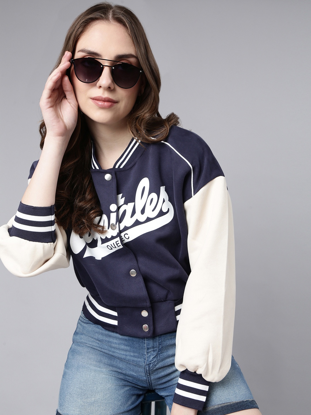 

SHOWOFF Typography Printed Windcheater Cotton Crop Bomber Jacket, Navy blue