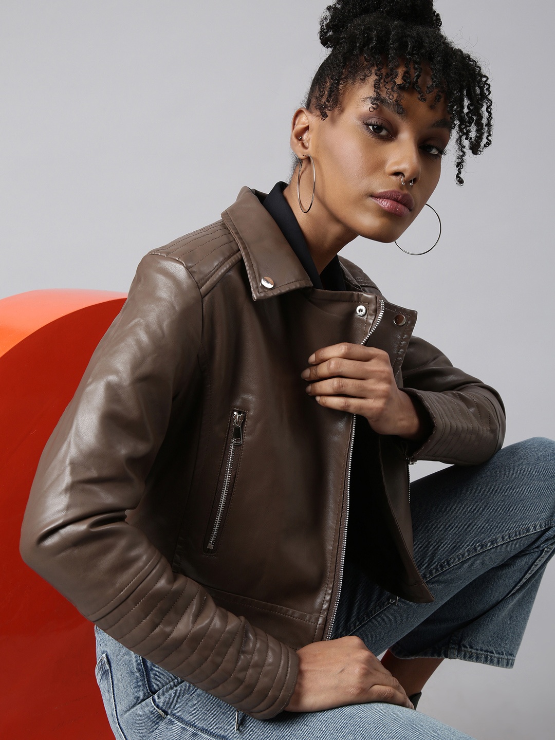 

SHOWOFF Spread Collar Windcheater Crop Biker Jacket, Brown