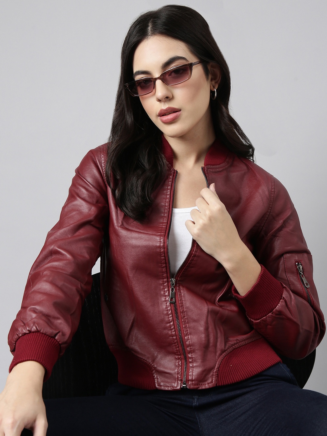 

SHOWOFF Stand Collar Long Sleeves Zip Detail Windcheater Crop Bomber Jacket, Maroon