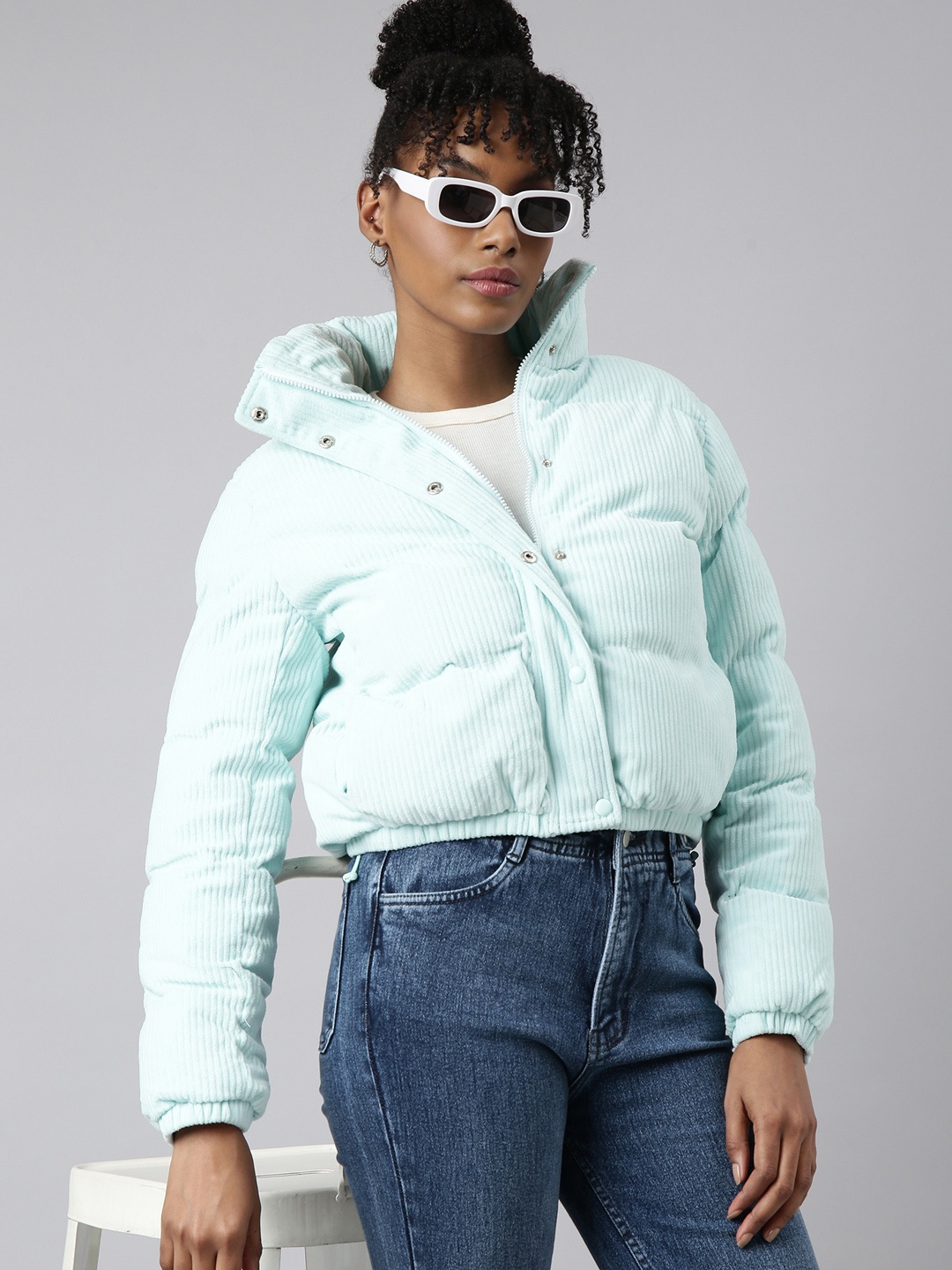 

SHOWOFF Windcheater Mock Collar Crop Puffer Jacket, Sea green