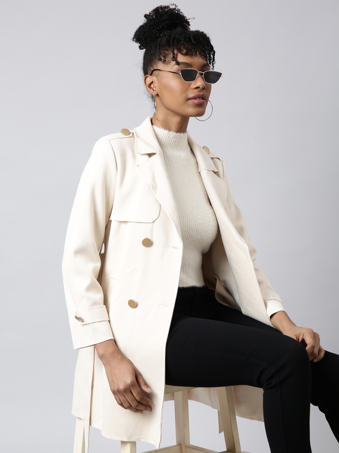 

SHOWOFF Lapel Collar Windcheater Longline Tailored Jacket With Belt, Cream