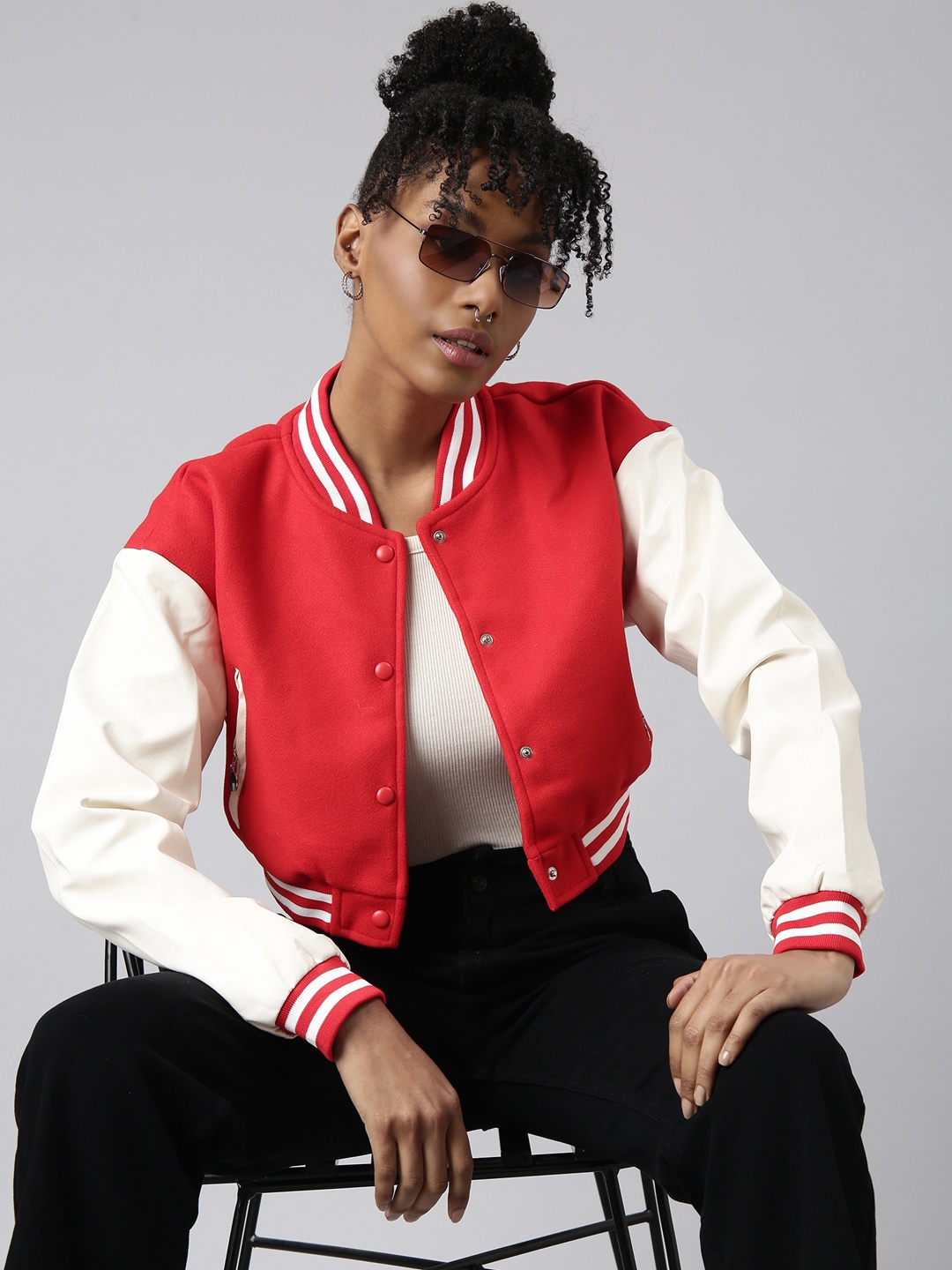 

SHOWOFF Colourblocked Fleece Windcheater Crop Oversized Varsity Jacket, Red