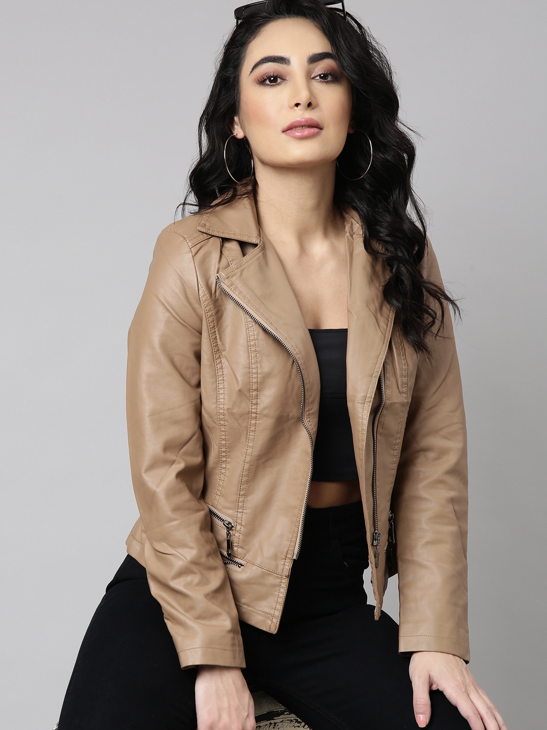 

SHOWOFF Windcheater Lapel Collar Biker Jacket, Brown