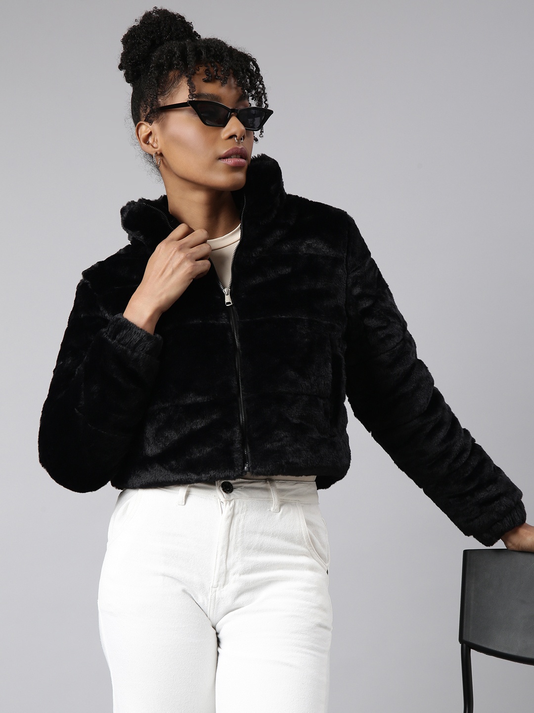 

SHOWOFF Mock Collar Long Sleeves Windcheater Crop Bomber Jacket, Black