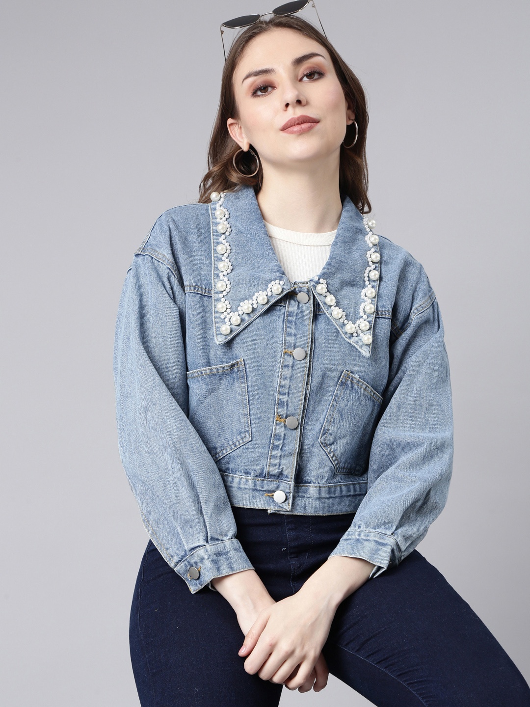

SHOWOFF Windcheater Washed Studded Crop Denim Jacket, Blue