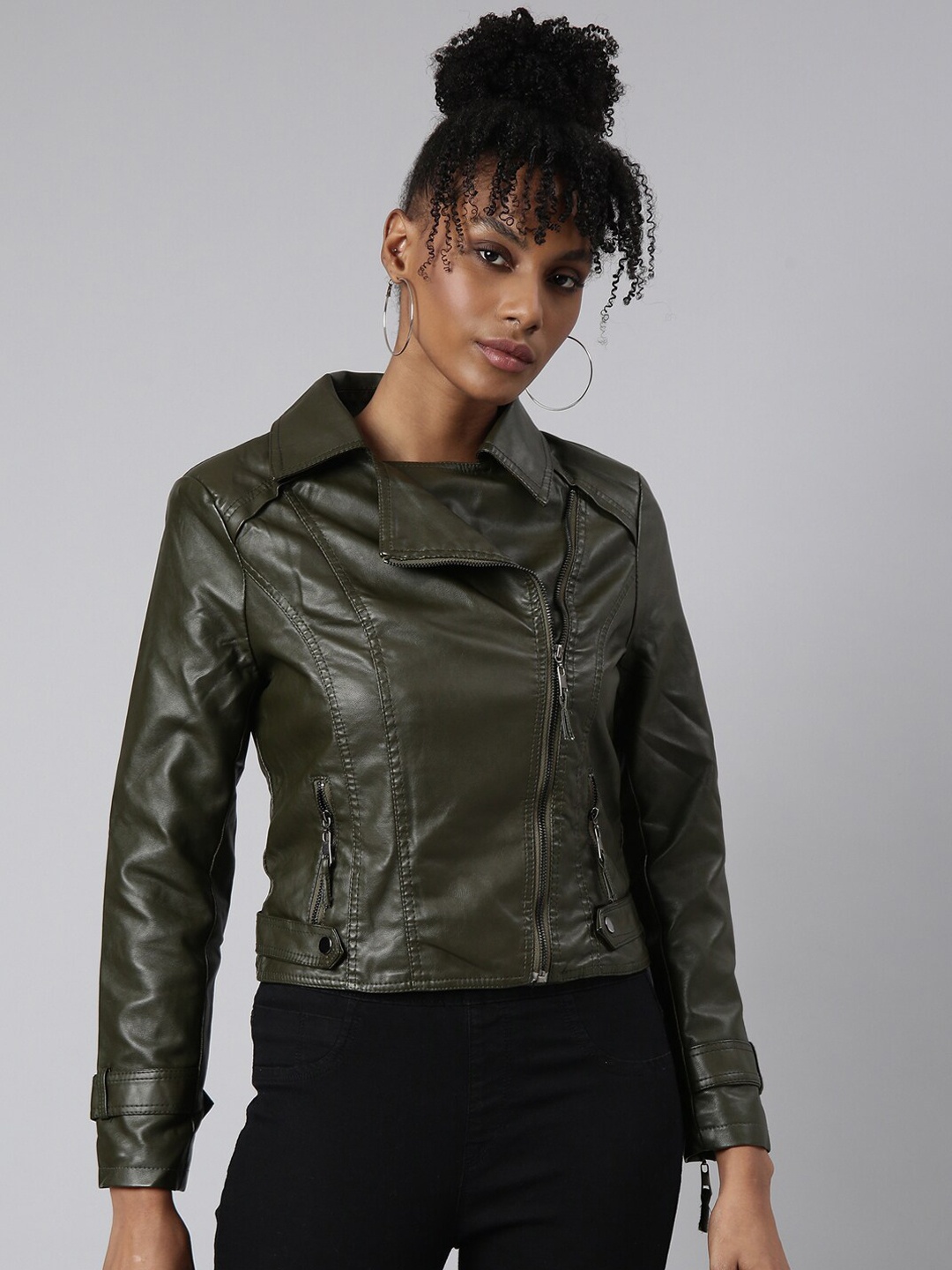 

SHOWOFF Spread Collar Windcheater Crop Biker Jacket, Olive