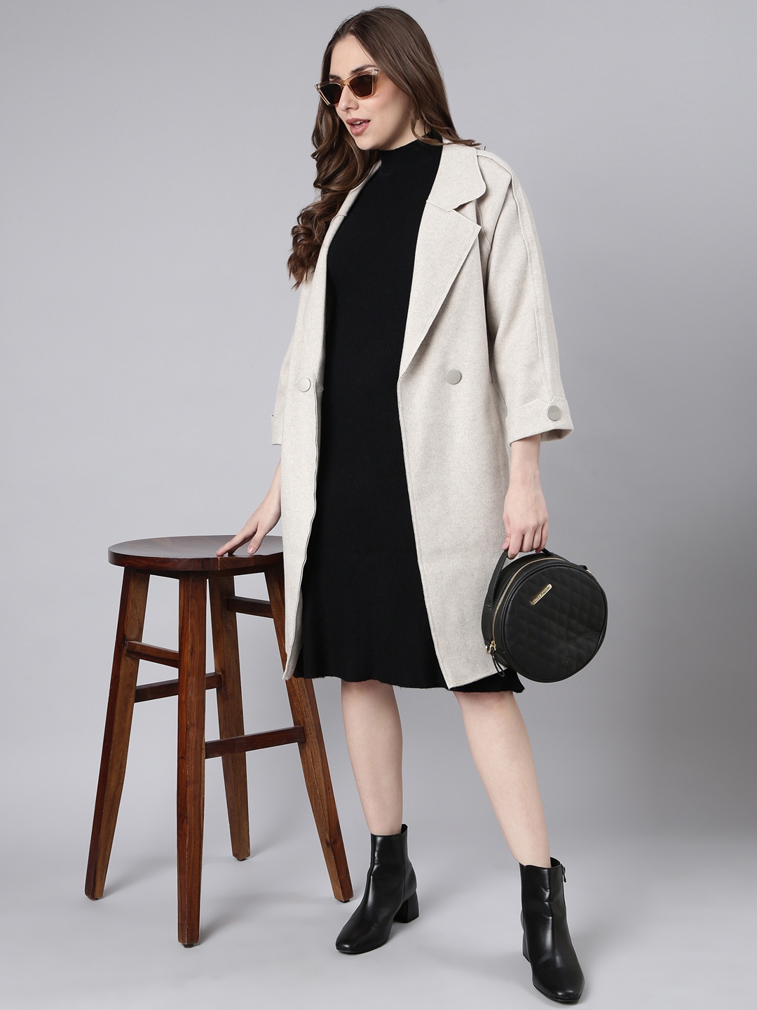 

SHOWOFF Notched Lapel Acrylic Longline Overcoat, Beige