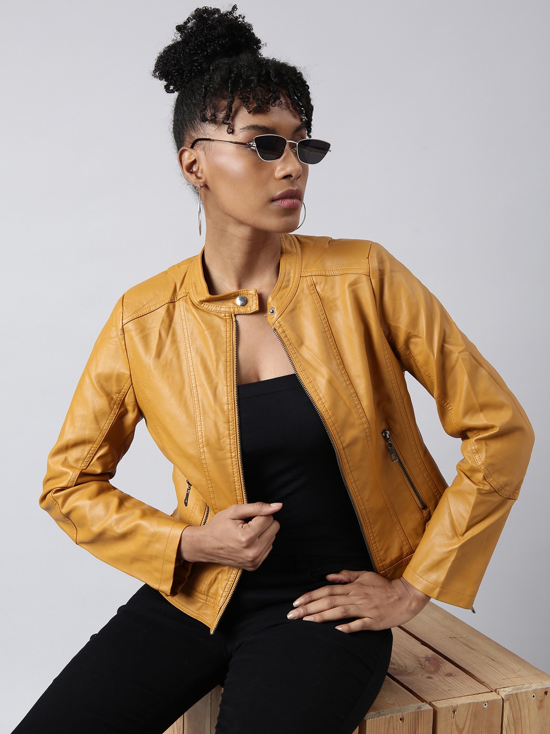 

SHOWOFF Windcheater Mandarin Collar Biker Jacket, Mustard