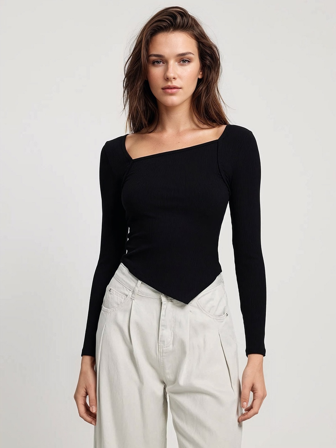 

MYWISHBAG Asymmetric Ribbed Top, Black
