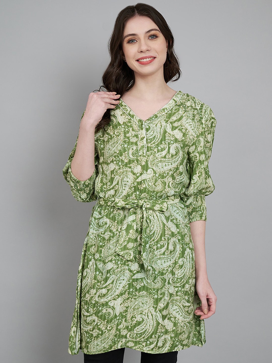 

Amagyaa Floral Printed Puff Sleeve Cotton Cinched Waist Longline Top, Green