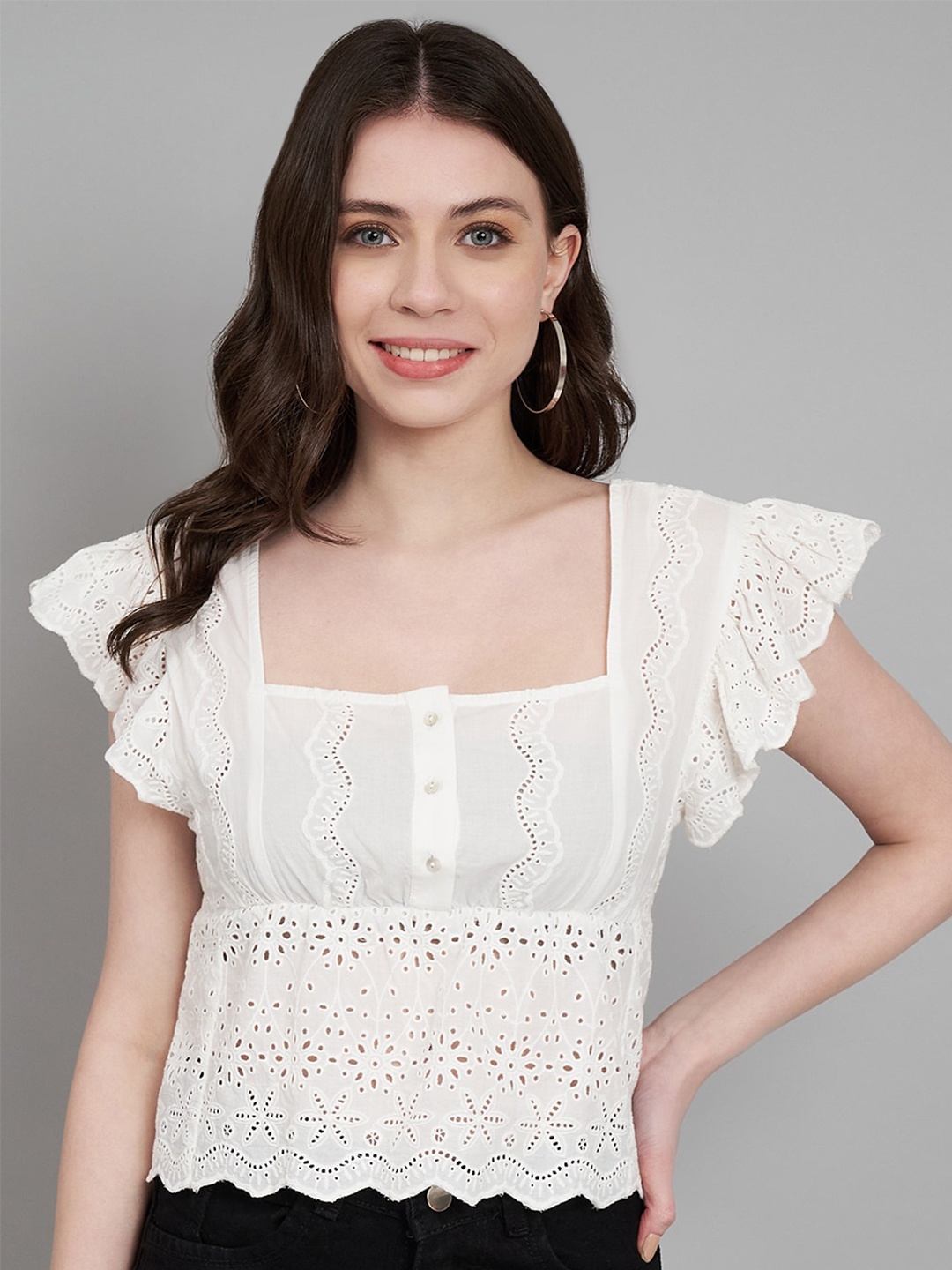 

Amagyaa Square Neck Flutter Sleeve Cotton Top, White