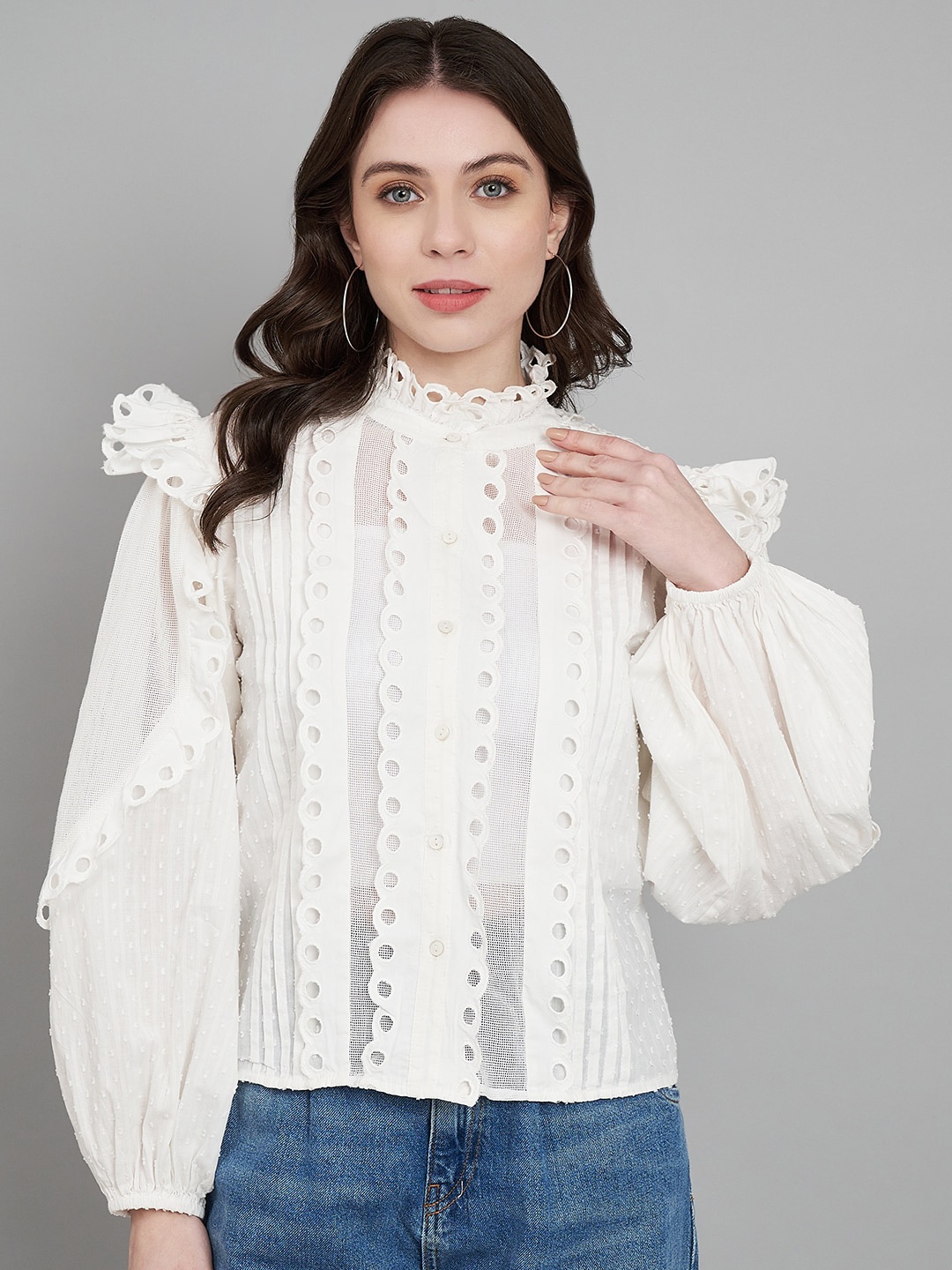 

Amagyaa High Neck Puff Sleeve Cotton Top, White