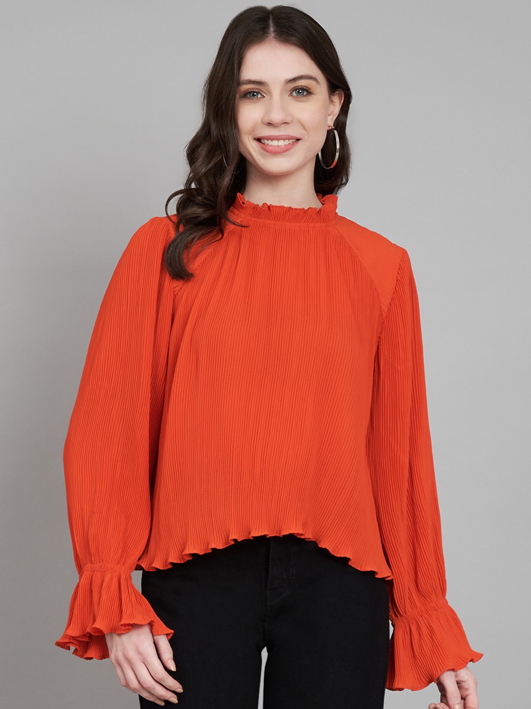 

Amagyaa High Neck Bell Sleeve Crepe Top, Orange