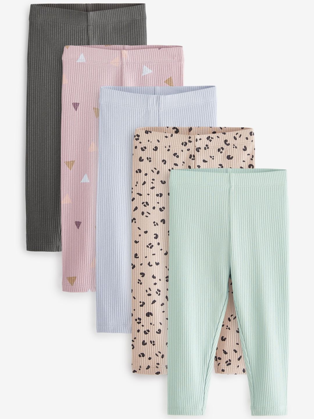 

NEXT Girls Set of 5 Ribbed Printed Leggings, Multi
