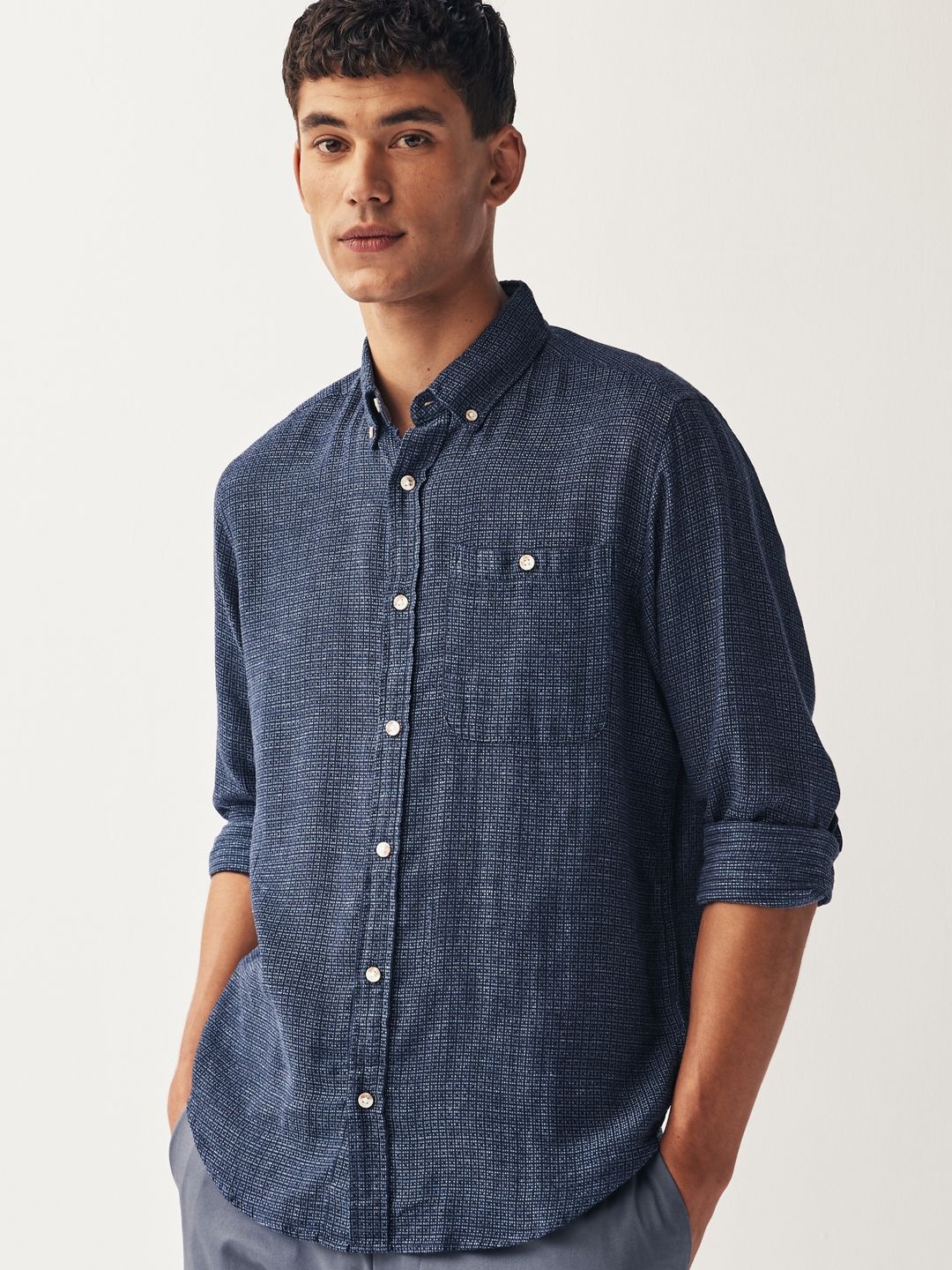 

NEXT Self Design Linen Cotton Opaque Casual Shirt, Navy blue