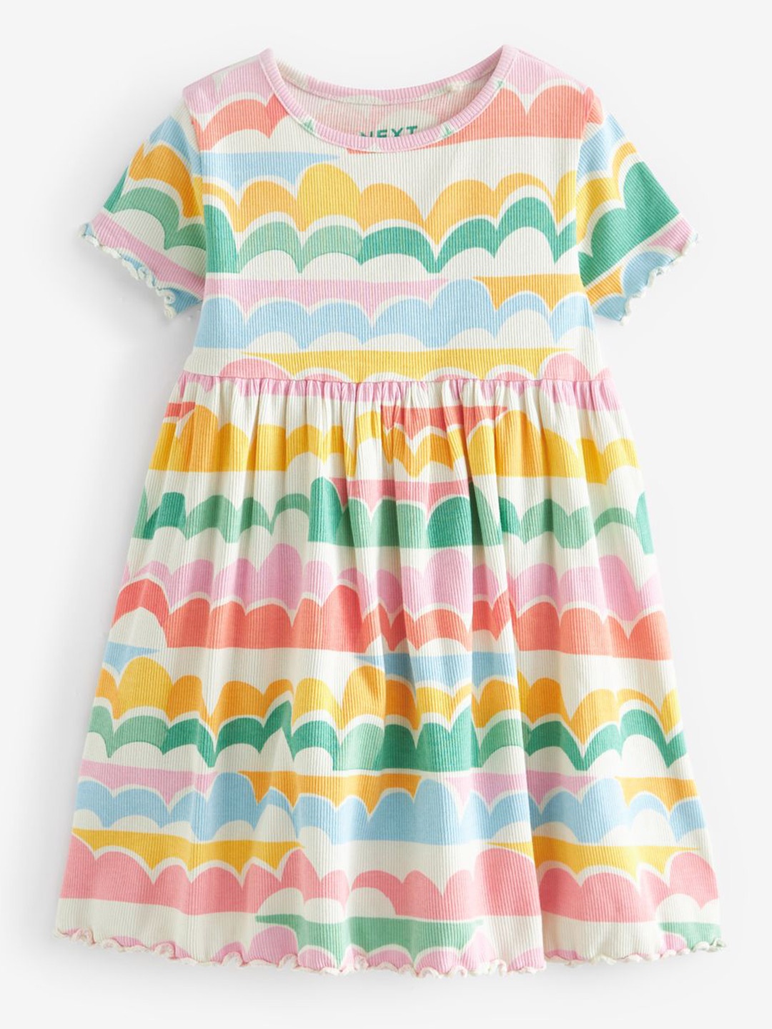 

NEXT Ribbed Rainbow & Clouds in Stripe Pattern Fit & Flare Dress, Multi