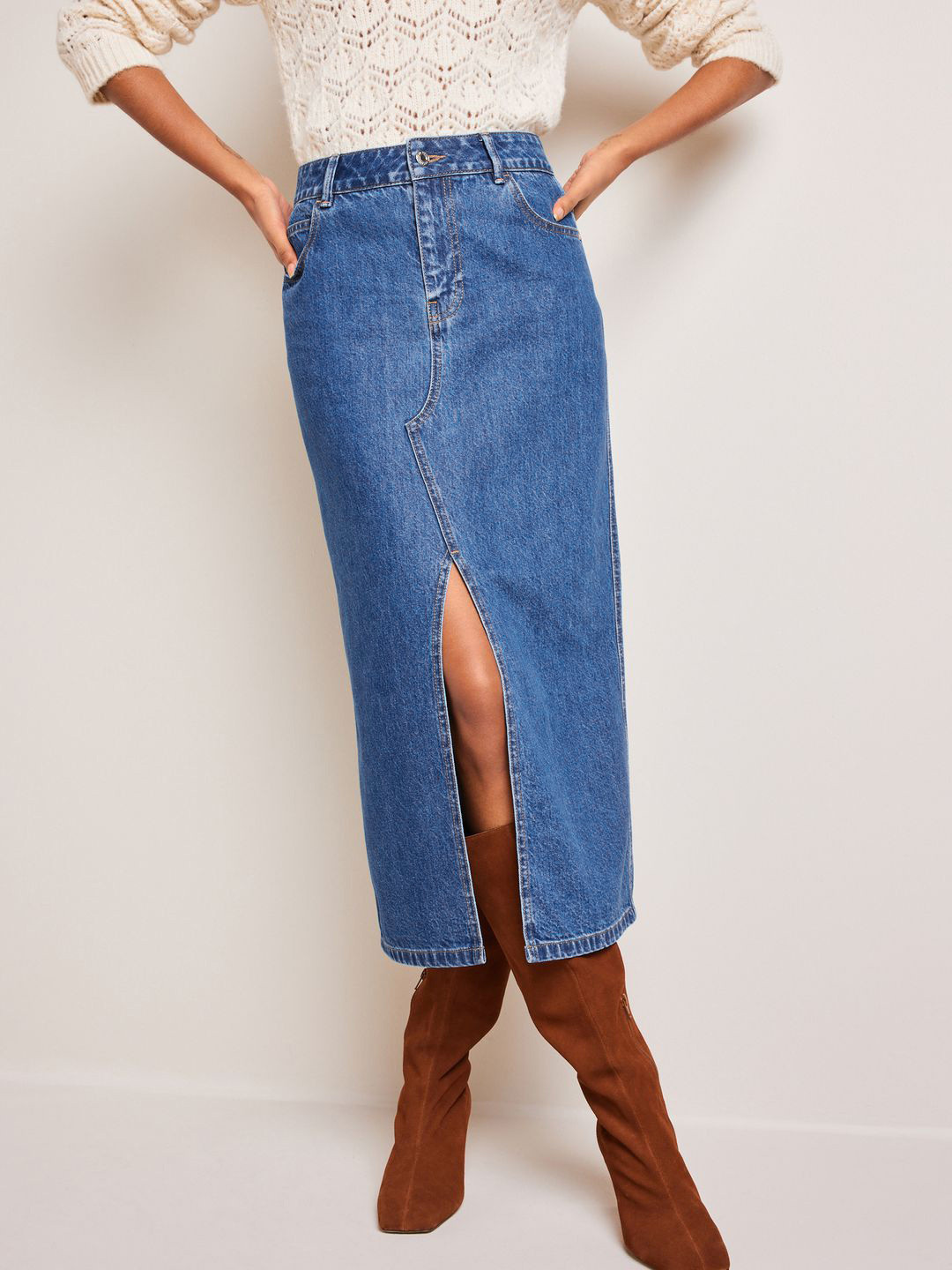 

NEXT Women Pure Cotton Denim Straight Skirt With Front Slit, Blue