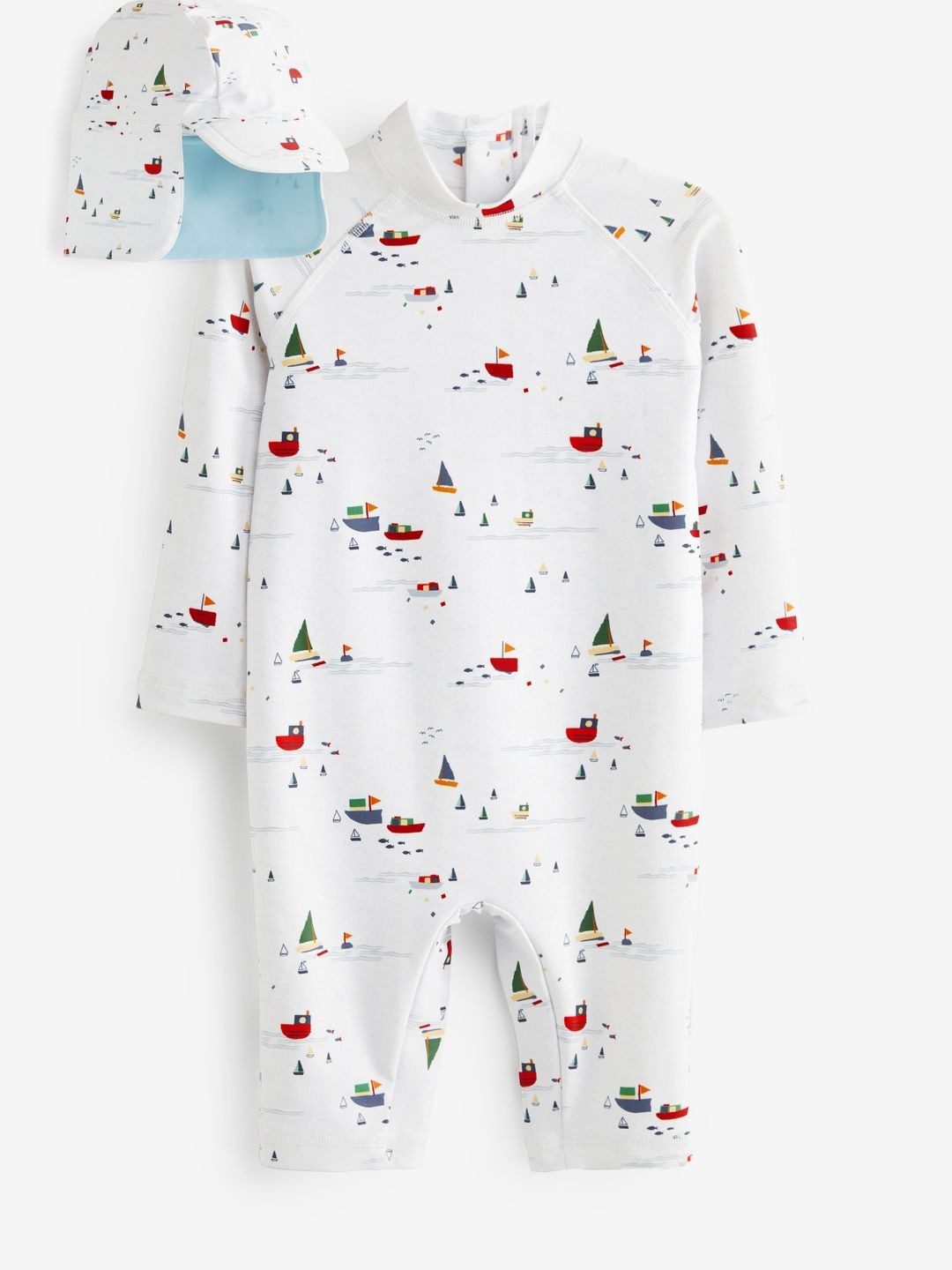 

NEXT Infant Boys Conversational Printed Legsuit with Sun Cap, White