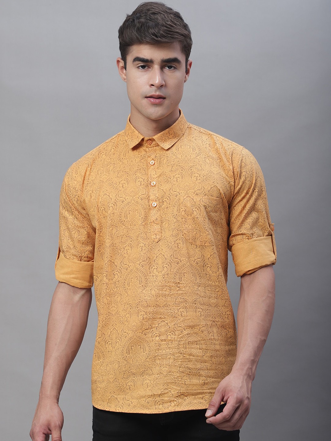 

Majestic Man Paisley Printed Shirt Collar Pure Cotton Straight Kurta, Orange