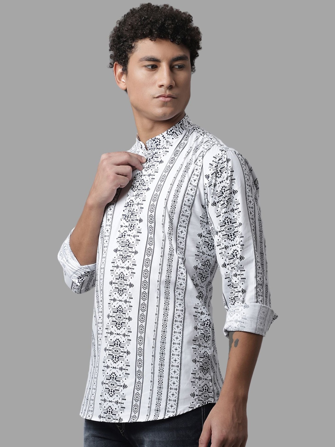 

Majestic Man Geometric Printed Band Collar Pure Cotton Straight Kurta, White