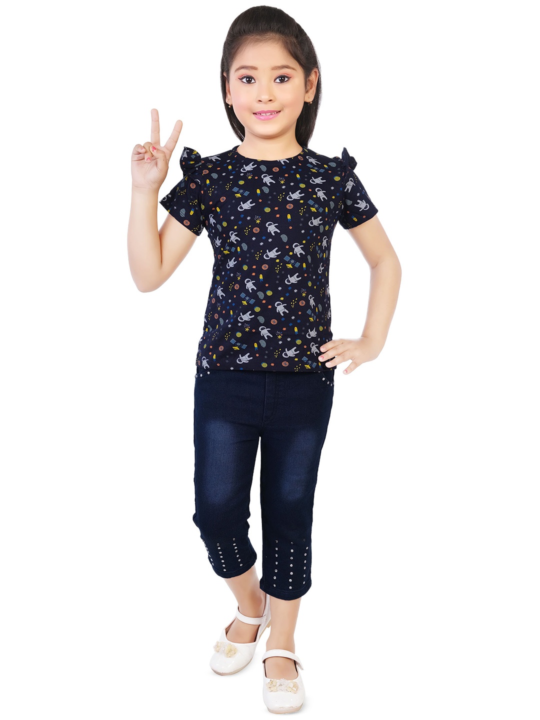 

CELEBRITY CLUB Girls Printed Top With Capris, Navy blue