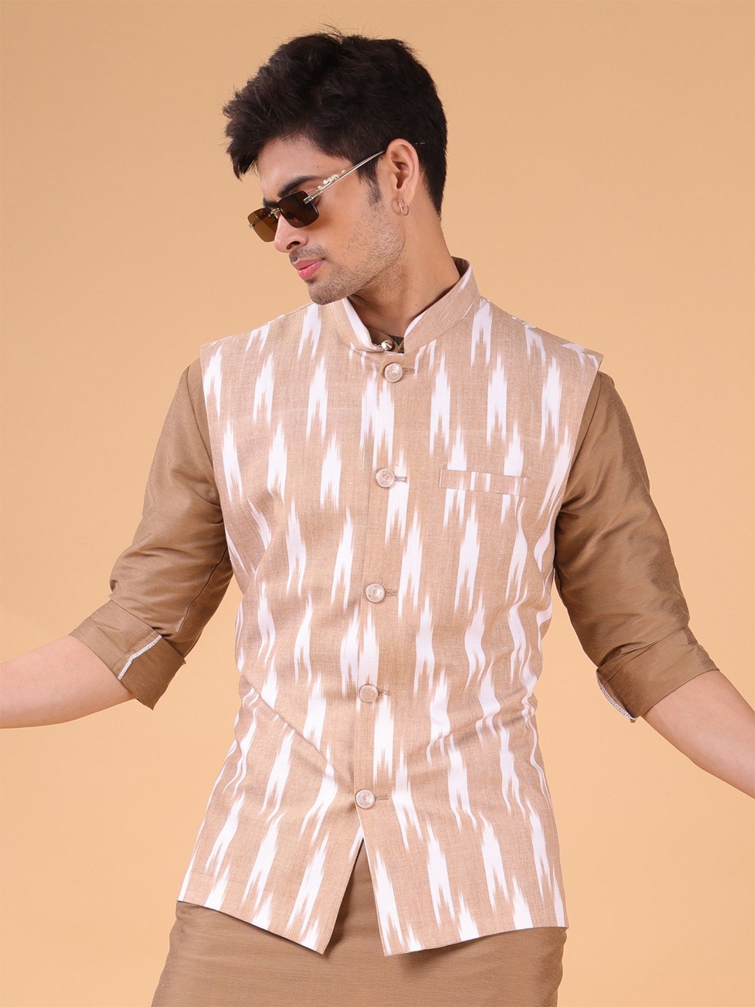 

SHIWAM ETHNIX Printed Cotton Nehru Jackets, Brown