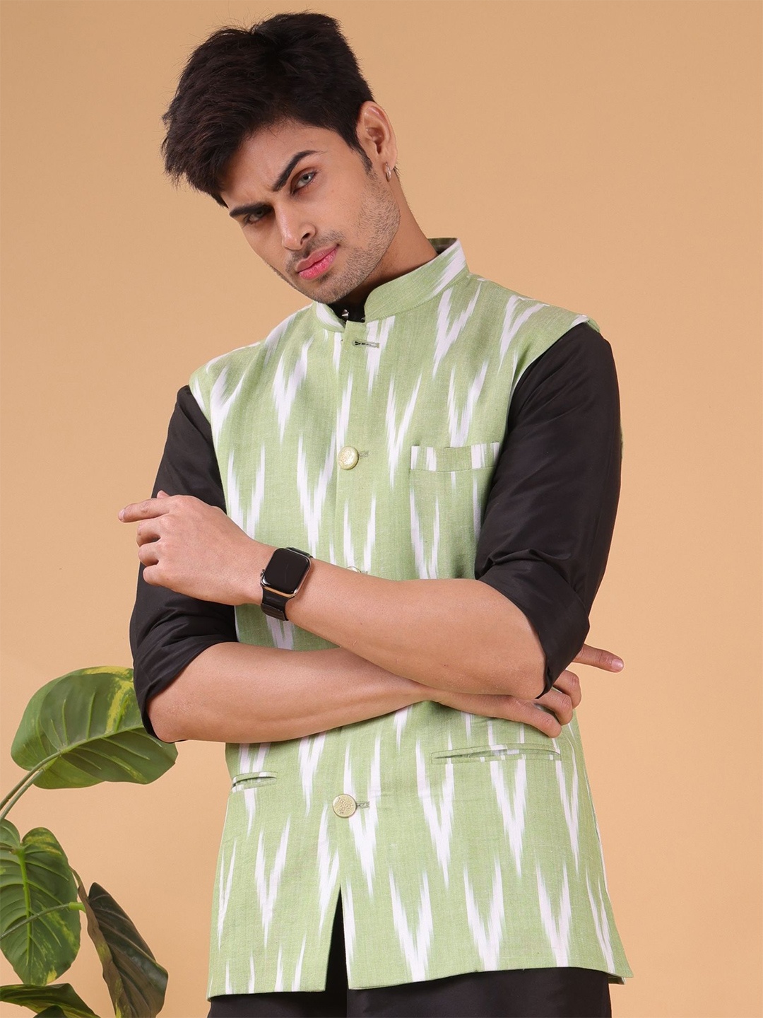 

SHIWAM ETHNIX Printed Cotton Nehru Jackets, Green