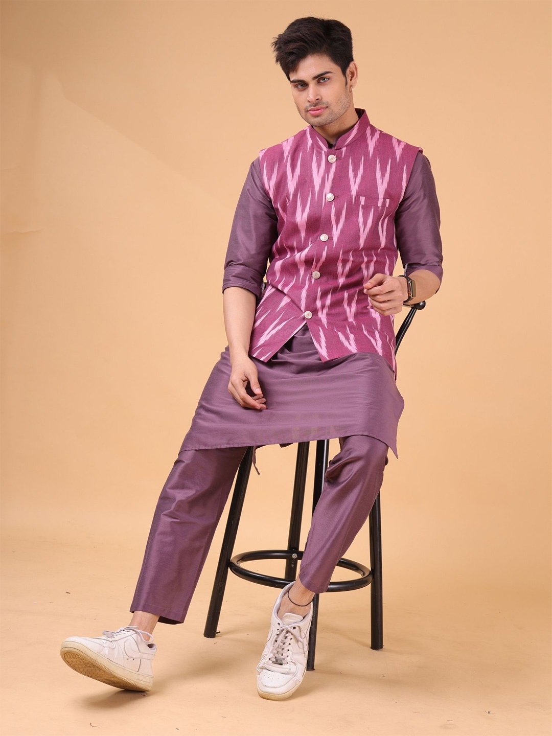 

SHIWAM ETHNIX Ikat Printed Cotton Nehru Jacket, Maroon