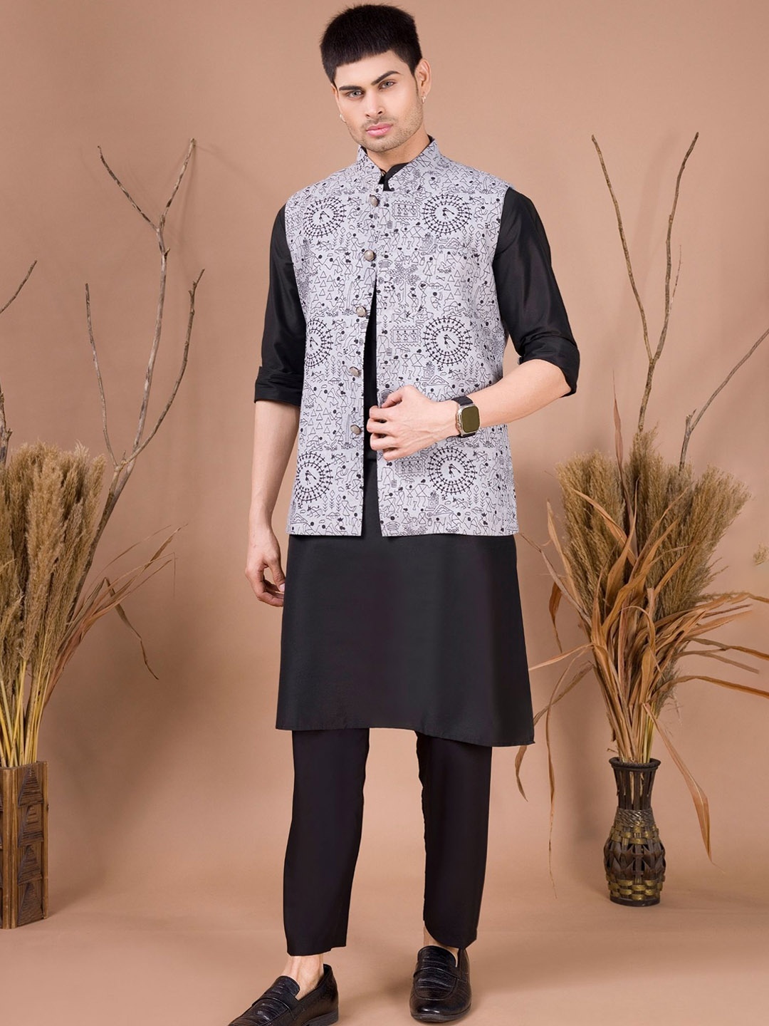 

SHIWAM ETHNIX Printed Cotton Nehru Jacket, Grey