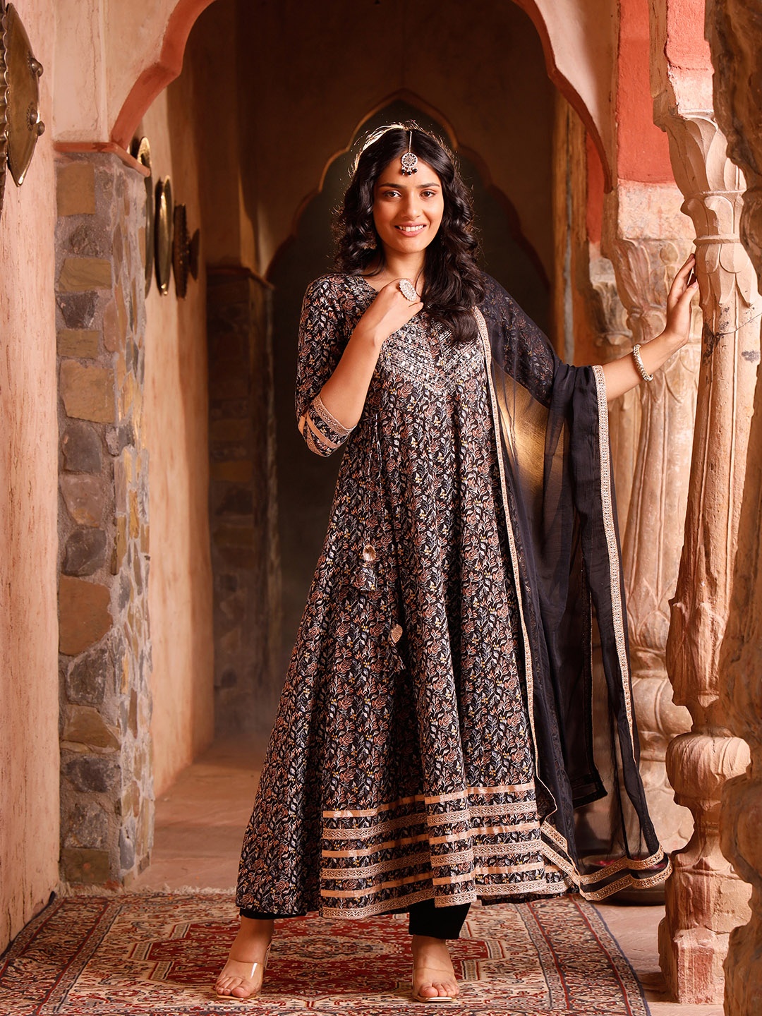 

Chandbaali Floral Printed Mirror Work Pure Cotton Kurta with Pyjamas & With Dupatta, Black