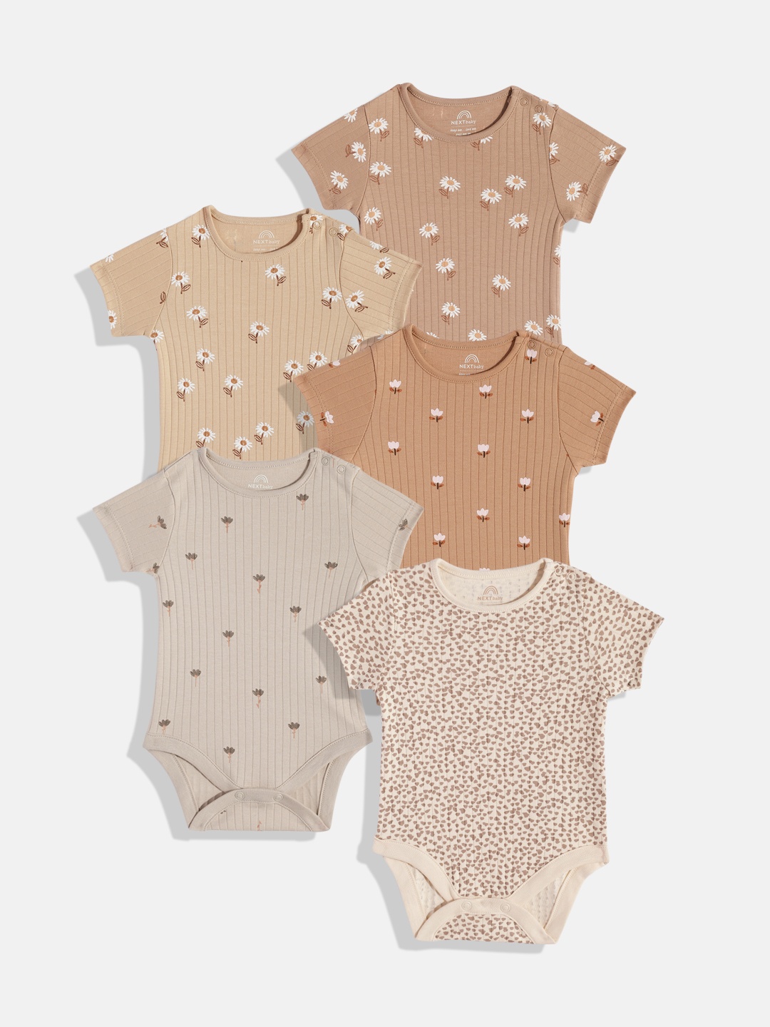

NEXT Infant Girls Pack of 5 Pure Cotton Bodysuits, Beige