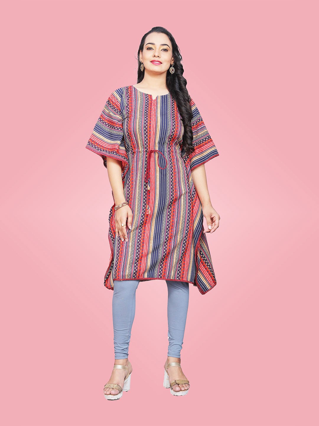 

BAESD Striped Printed Round Neck Flared Sleeve Kaftan Dress, Red